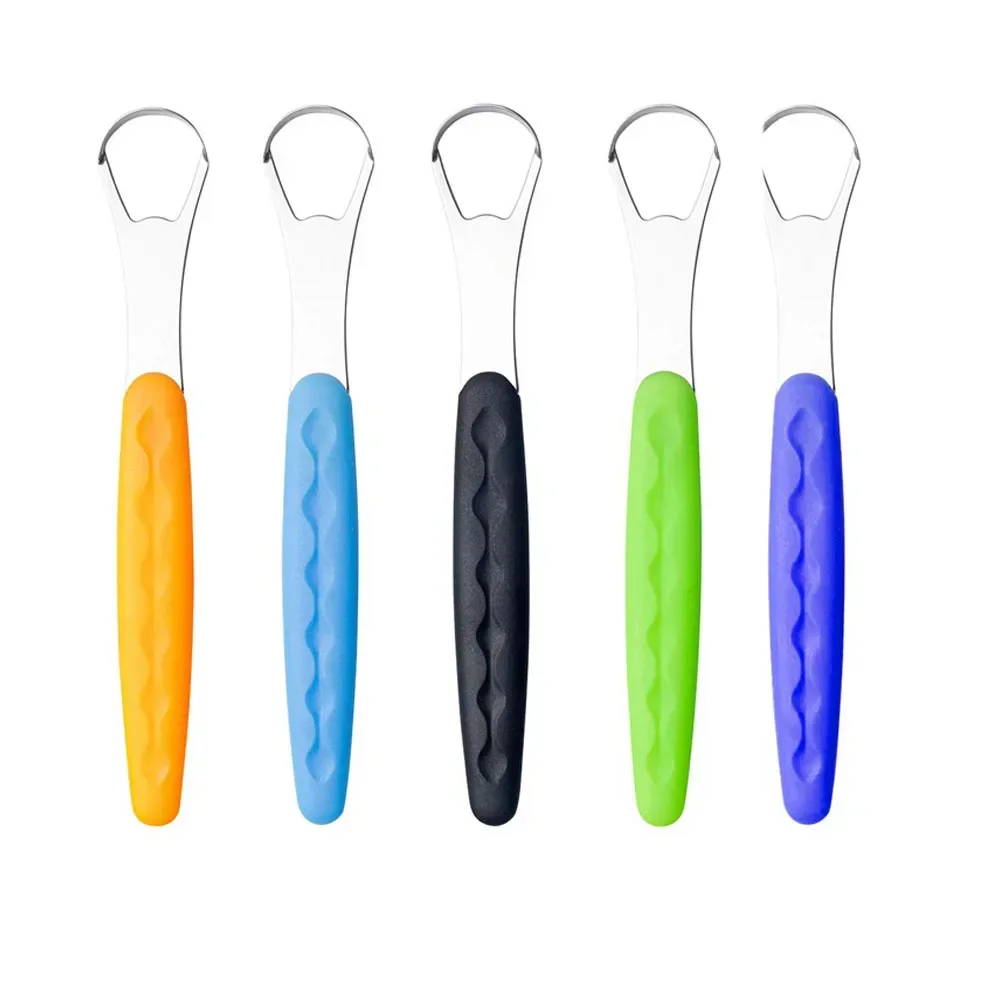 Portable Tongue Cleaner Tongue Scraper Reusable Stainless Steel Oral Mouth Brush Travel Case Black/Blue/Green Non-slip Handle