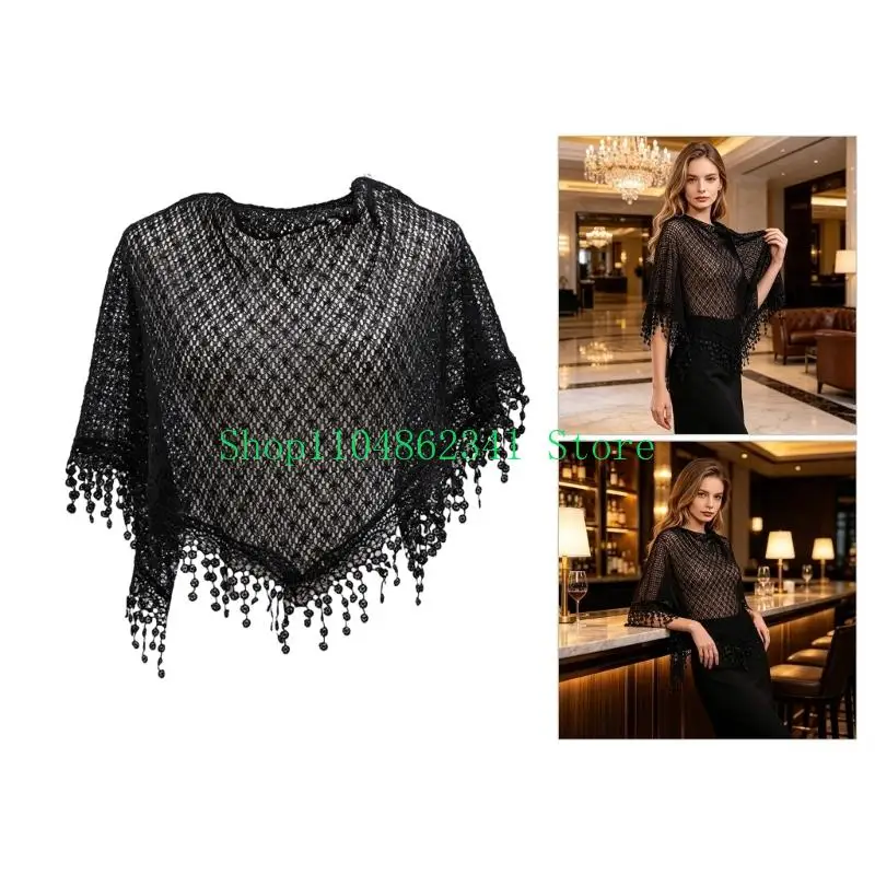 652F Lace Hollowed Fringe Shawl Triangular Scarf with Breathable Design for Women Girl Daily Outfit Evening Dress Shoulder Wrap