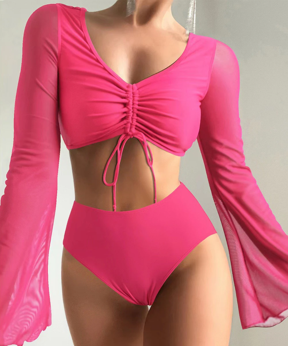 Drawstring Front Tops Bikinis 2023 Women High Waist Swimsuit Summer Long Sleeved Swimwear Female Bathers Swimming Suit Beachwear