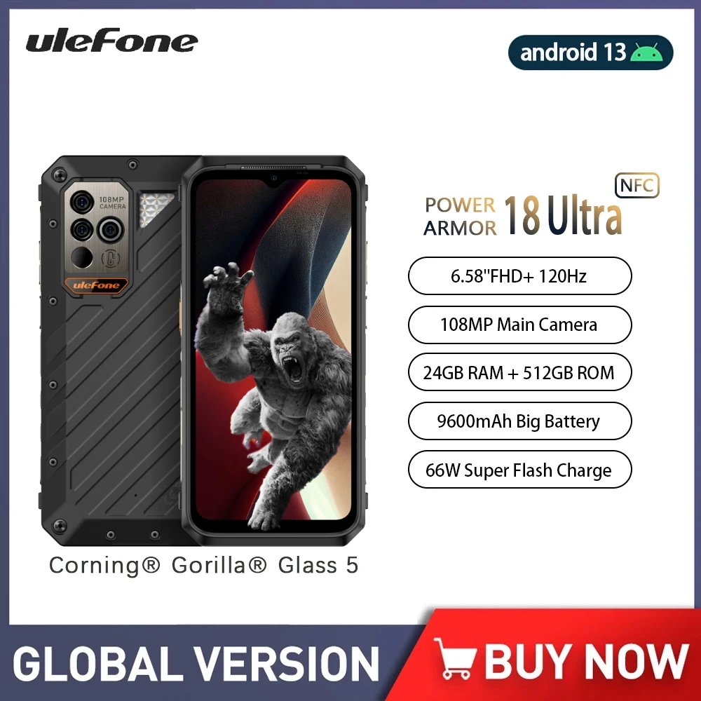 ulefone power armor 18 ultra 5g smartphone robusto android 13 24gb ram mais 512gb rom telemoveis 108mp 9600mah 66w nfc 01