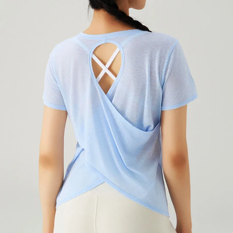 

Aiithuug Cutout Back Yoga Short Sleeve Cross Over Back Yoga Shirt Mesh Breathable Sports Tops Women Workout Gym Top Quick Dry