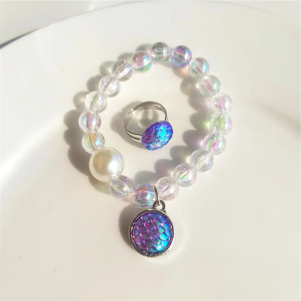 2pcs/set Polychromatic Girly Bracelet&Ring Set Sweet Adjustable Fish Scale Pendant Bracelet Colorful Princess