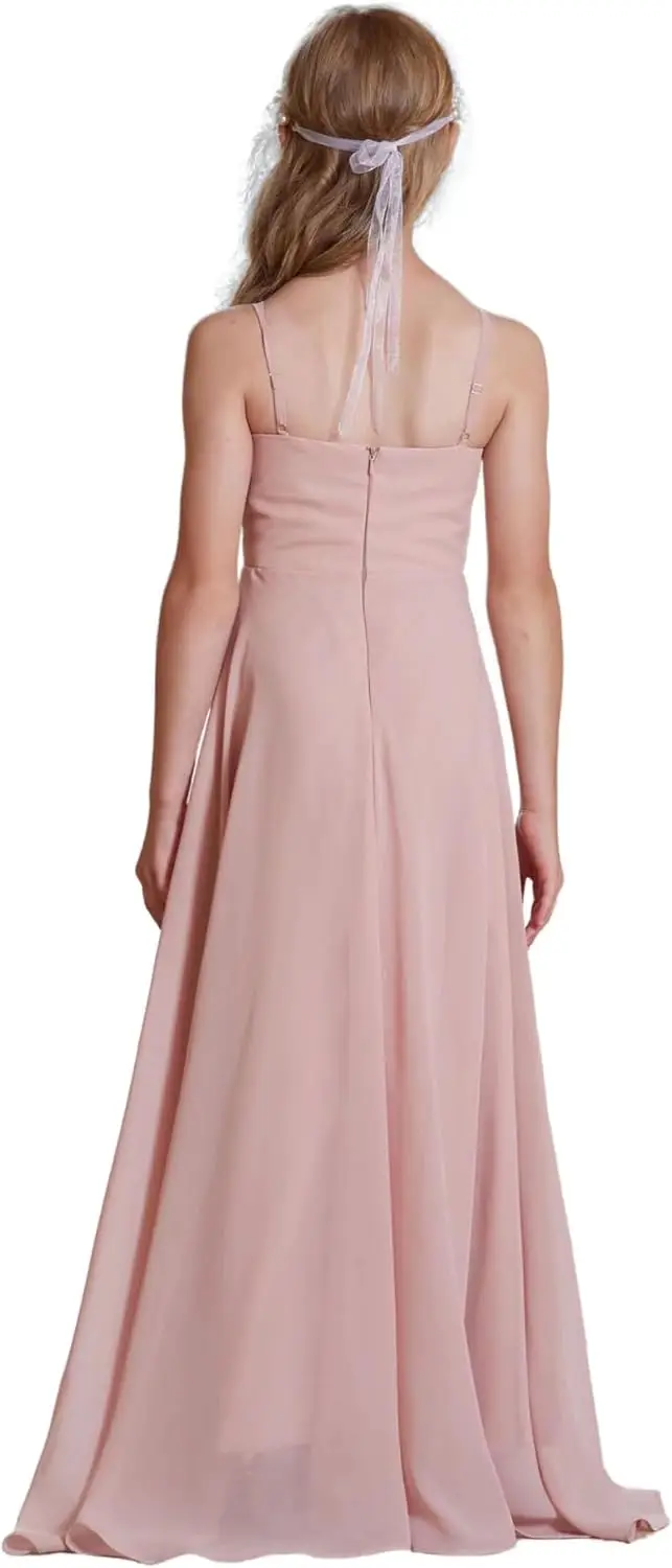 فساتين فتاة فاخرة على شكل حرف A فساتين وصيفة العروس الصغيرة من الشيفون للفتيات فستان الأميرة الطويلة فساتين رسمية بأشرطة قابلة للتعديل فستان بناتي