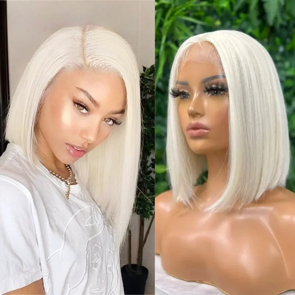

14‘’ Platinum Blonde Synthetic Lace Front Wig Blonde Short Bob Wigs Natural Hairline Glueless Wigs For Women Cosplay Daily Use