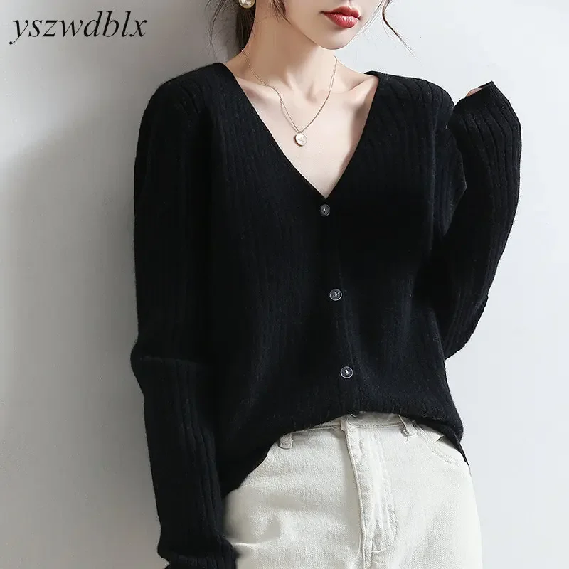 YSZWDBLX-cárdigans de punto con cuello en V para mujer, suéter de manga larga, moda coreana, cárdigan holgado, otoño e invierno, 2024