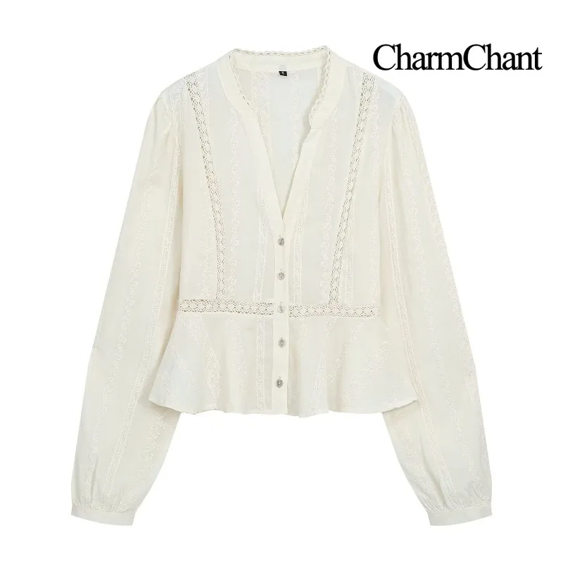 CHARMCHANT Womens Embroidered Lace Insert Blouse V Neck Shell Button Long Puff Sleeve Peplum Hem Boho Casual Shirt Spring 2026
