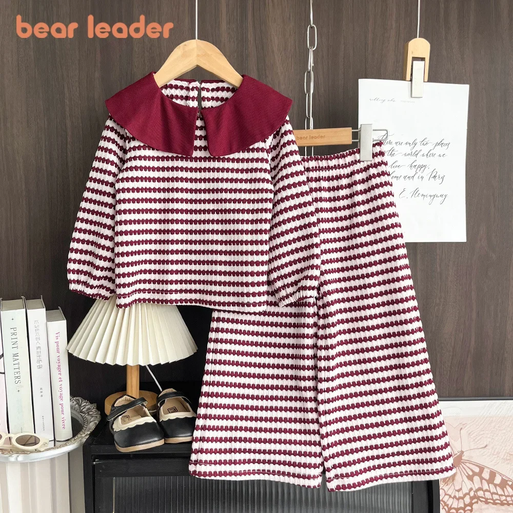 Bear Leader Autumn New 3-7 Year Old Kids Clothes Wine Red Striped Printed Long Sleeved Pants 2Pcs Set Sweet Cute Girls' Clothing