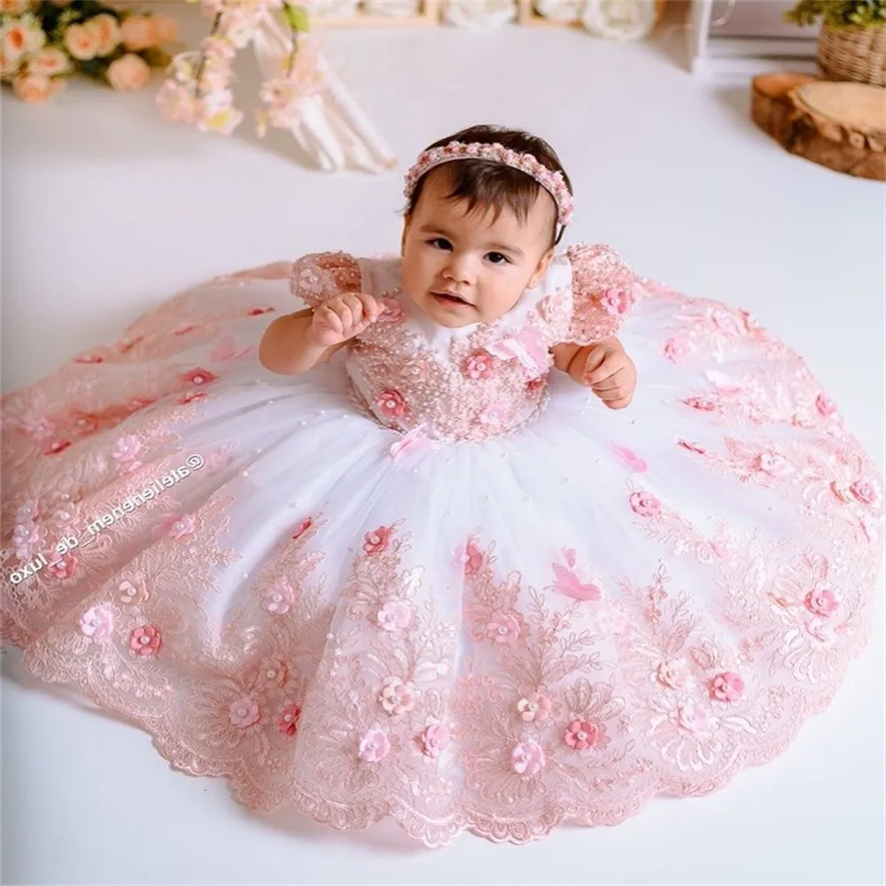 

Flower Girl Dresses Cute Pearls For Photoshoot Tulle Litter Kids Pageant Gown Birthday Party Floral First Communion Dress