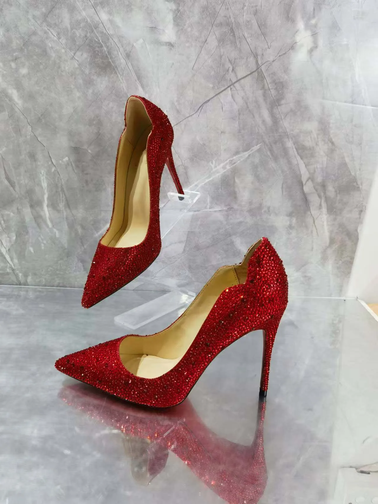 Zapatos de tacón superalto con lentejuelas y Punta puntiaguda para mujer, tacones de aguja ostentosos sin cordones, zapatos de vestir de fiesta, zapatos de boda de diseñador, Rojo cálido