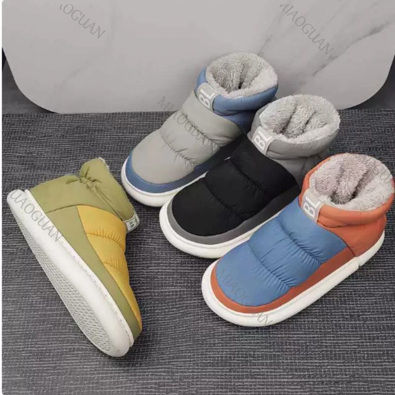 Color Blocking Snow Boots for Men Plush Ankle Boots Causal Comfort Warm Cotton Shoes Non Slip Outdoor Women's Flats Footwears