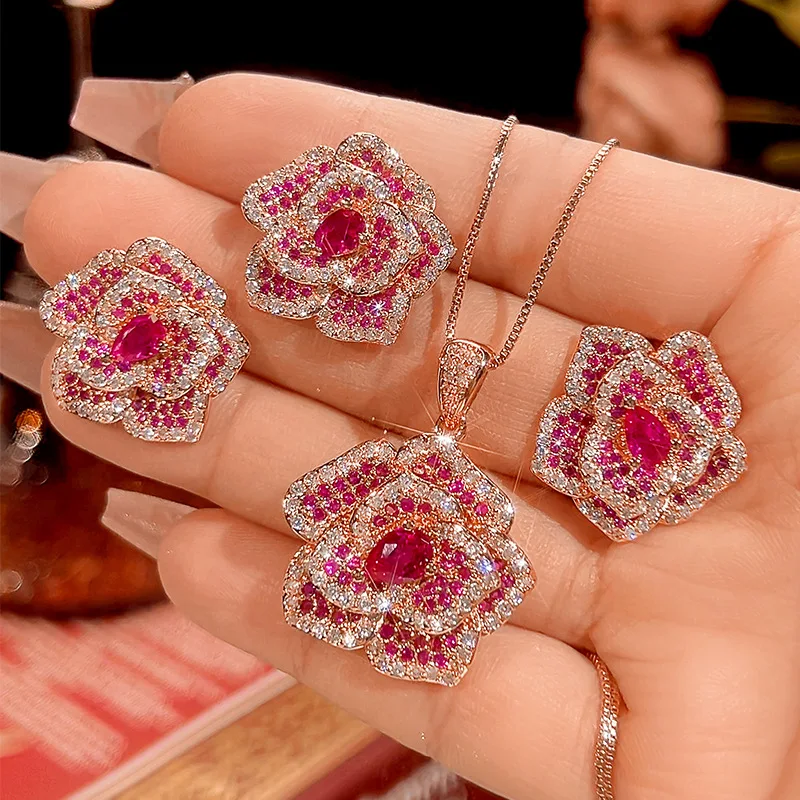 

Dazzling Pink Sapphire Full Diamond Halo Flower Ear Stud/Ring/Necklace Micro-setting Gems Party Wedding Women Jewelry Set Gifts