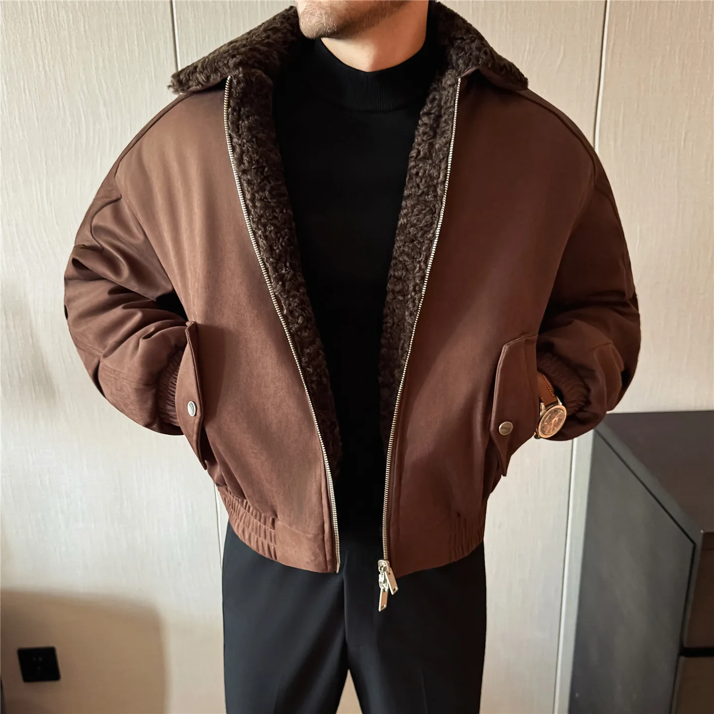 

Winter Double Sided American Bomber Jackets Men's Lamb Wool Thick Warm Short Cotton Jacket Casual Outdoor Streetwear Parkas