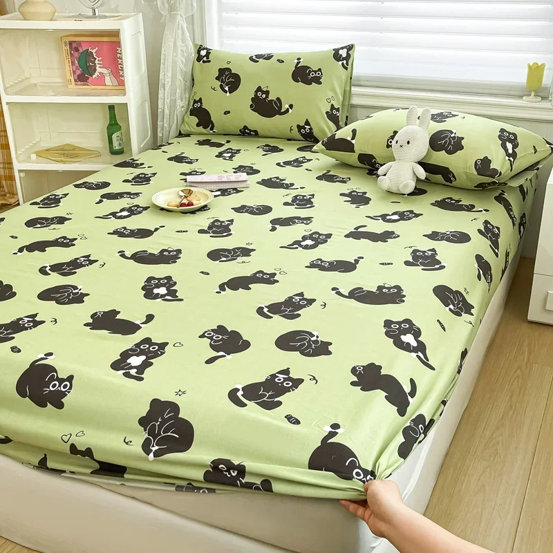 Cartoon Cats Fitted Sheet Set Queen Size, Cute Kitten Bedding Set, Kawaii Cat Bed Sets Bedroom Decoration for Kids Teens Adults