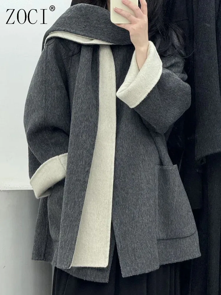 

ZOCI Woolen Scarf Women's Woolen Coats Double-face Wool Jackets For Female Fashion Design Unique Outfit Solid Color 2024 Winter