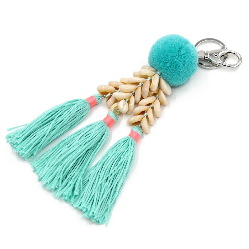 Fashion Handmade Keychains Boho Colorful Tassel Shell Pendant Pompom Key Chain Car Key Accessories for Women Bags Trinket