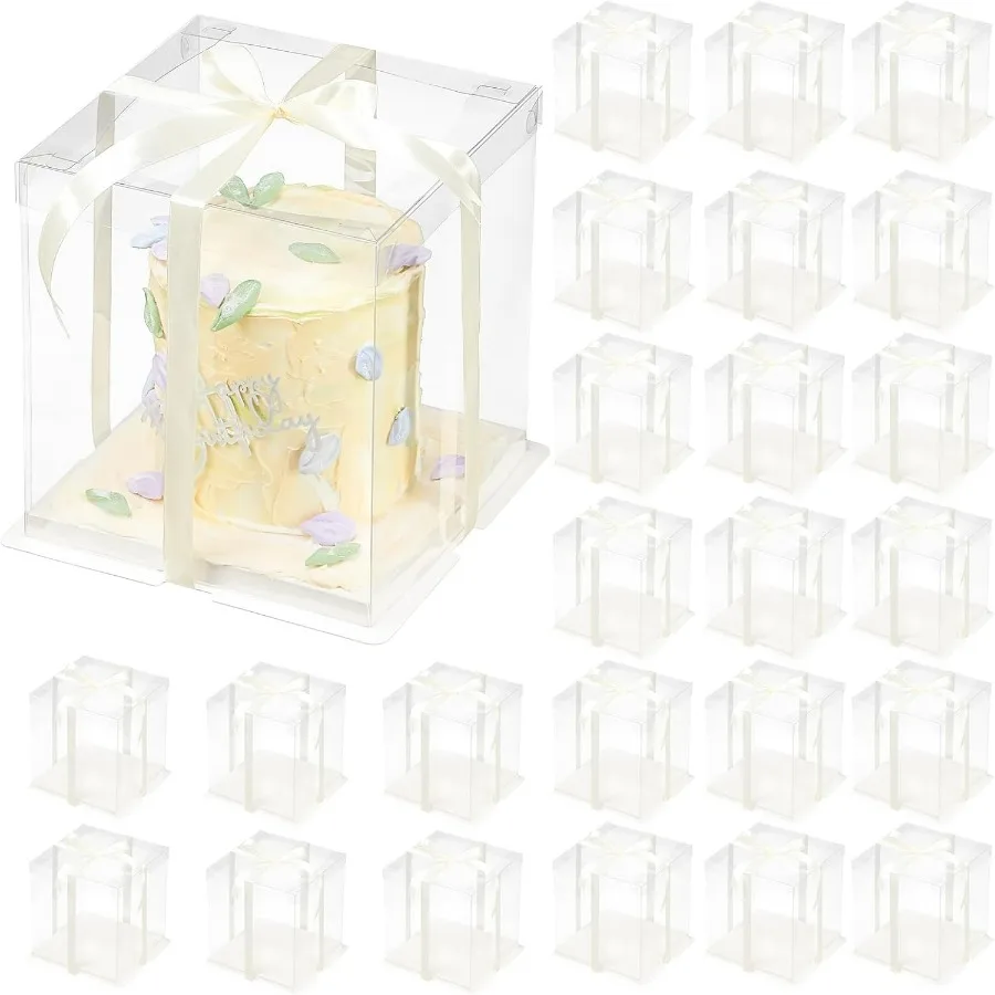 

24 Pcs Clear Gift Box with Ribbon 2-Layer 8.5x8.5x9 Inch, Transparent Cake Carrier Box with Lids, PET Tall Cake Packaging Boxes,