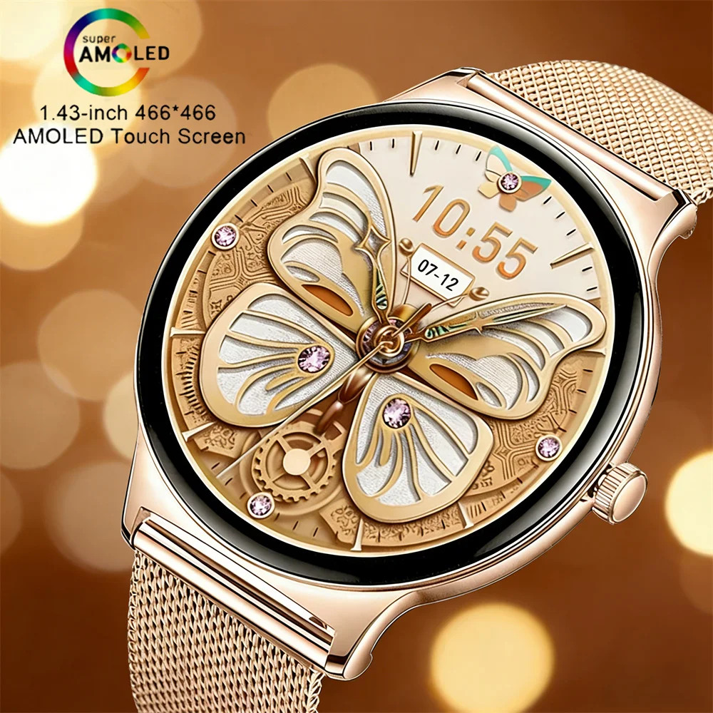 

Новые ультратонкие женские смарт-часы 2026 года с HD TFT-экраном 1,43 дюйма (360*360), фитнес-трекер, спортивный браслет, Bluetooth-звонки, модные смарт-часы