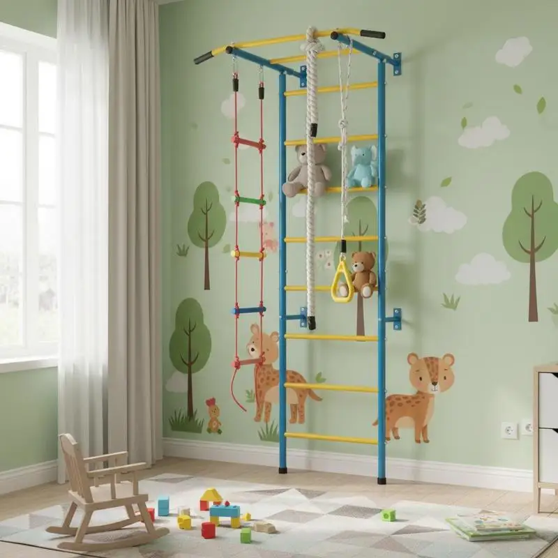 Klettergerüst für Kinder (ab 3 Jahren), 5-in-1-Set mit schwedischer Leiter aus Kohlenstoffstahl, Klimmzugstange & Seilleiter & Turnringen, 100 kg Tragkraft, mehrfarbig