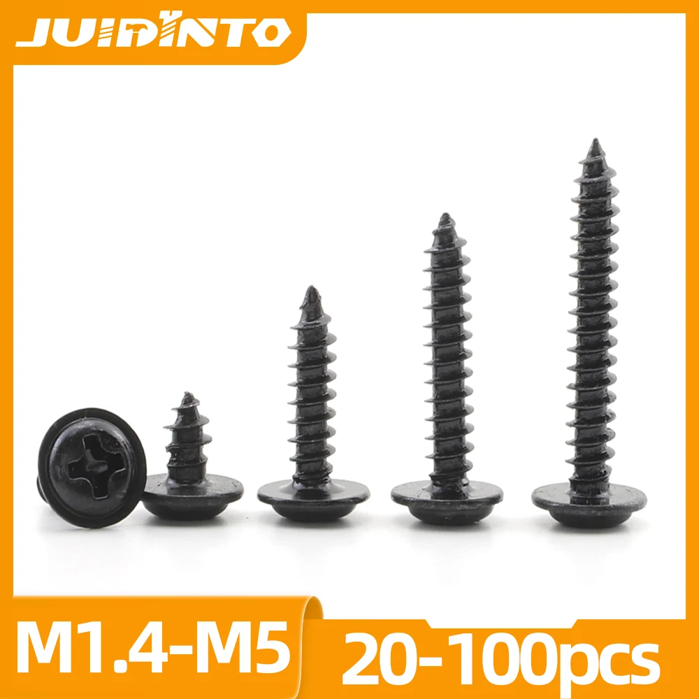 JUIDINTO Cross Phillips Round Head Self Tapping Screws With Washer M1.4 M2 M3 M3.5 M4 M5 Carbon Steel Truss Washer Head Screws