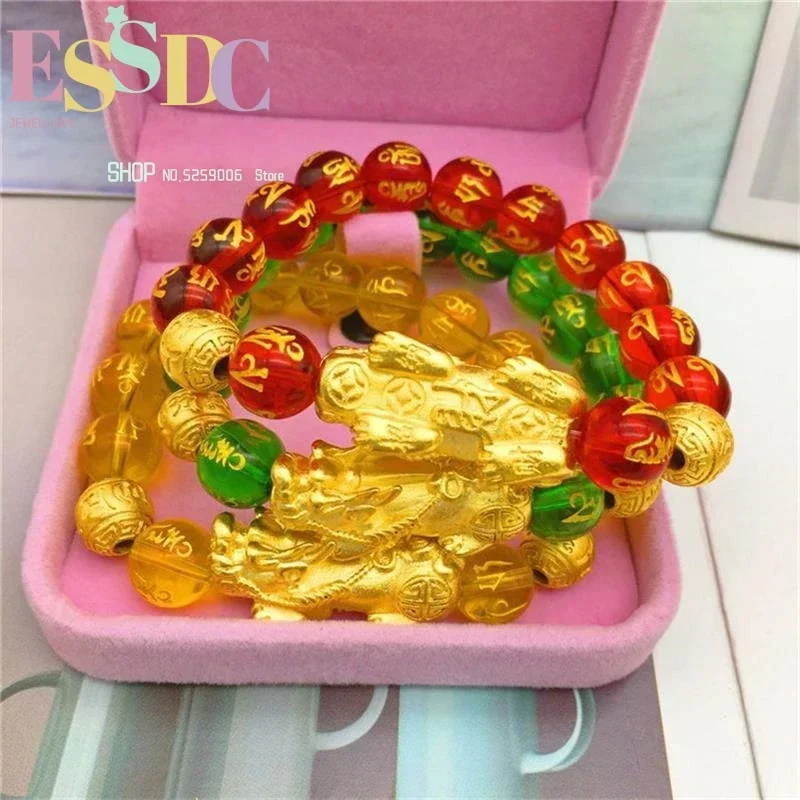Fashion Sand Gold Lucky Pixiu Charm  Natural Red Onyx Green Chalcedony Beads Bracelet Women Summer Jewelry Wholesale