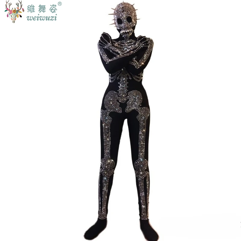 Halloween Costume Skull Rhinestone Bodysuit Shiny Cosplay Costume Tight Hooror Theme Party Club NightClub Rave Fancy Outfit Sexy
