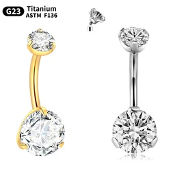 1PC G23 Titanium 14G Belly Button Rings Internally Threaded Belly Bar Prong Set Double CZ Gem Navel Piercing Nombril Ombligo