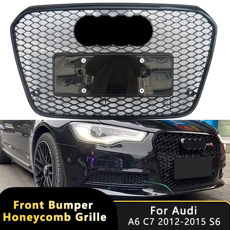 

For RS6 Style Front Bumper Grille Mesh Honeycomb Hood Grill Gloss Black For A6 C7 2012-2015 S6 Replacement Upper Grills Cover