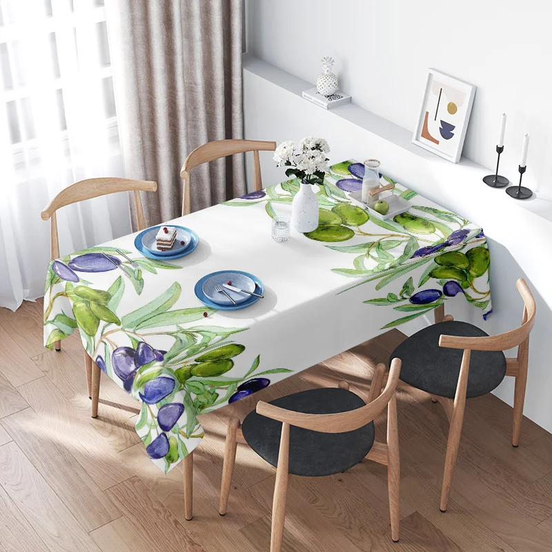 Watercolor Green Leaf Olive Tablecloth Decoration Home Decor Flower Fruit Design Dining Room Set for Kitchen Party Decoration Wh