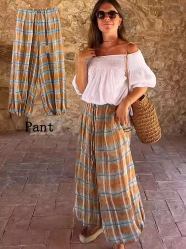 Pantalones bombachos versátiles a la moda de otoño 2025 para mujer, pantalones sueltos con estampado a cuadros, pantalones informales con cordón de cintura alta para mujer