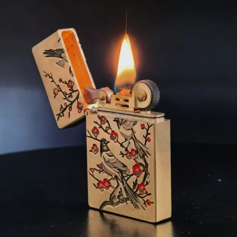 2027 Brass Heavy Armor Kerosenes Lighter, Magpie & Plum Blossom Engraved "Joy on The Brow" Design, Refillable Lighter for Men