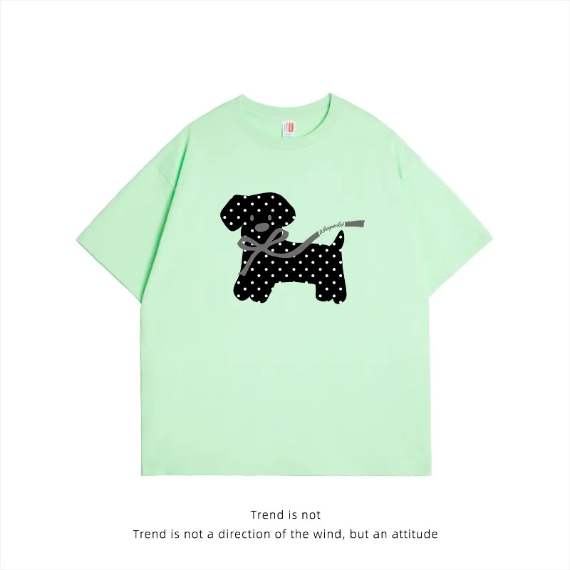 American Retro Polka Dot Puppy Print Summer European and American Loose Fitting Men's and Women's New Fashionable T-shirt