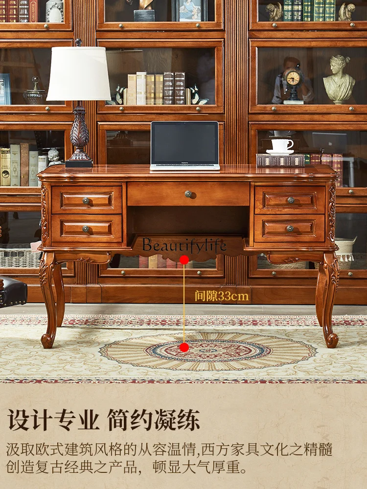 American-Style Solid Wood Desk Home Vintage Engraving High-End Study and Bedroom Desk