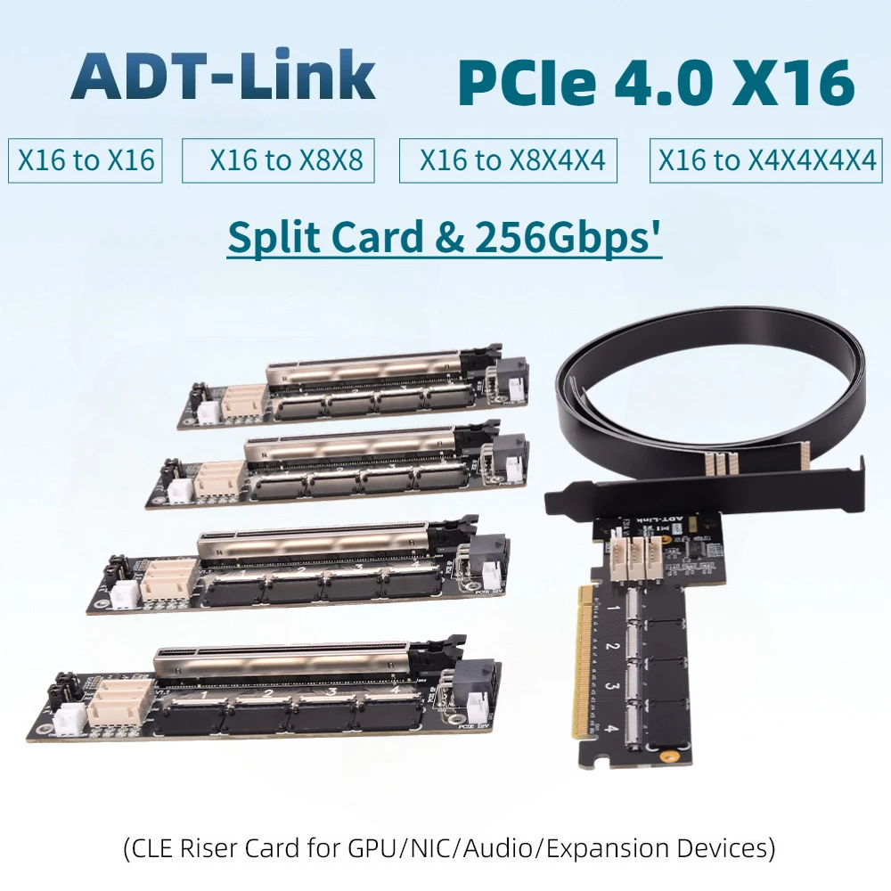 

Riser PCI-E 4.0 X16 FFC Video Card GPUs Extension Cable 16X to X16/X8X8/X8X4X4/X4X4X4X4 Split Adapter 1 to 4 Split Card 256G/bps