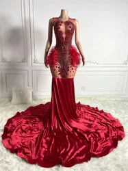 Burgundy Luxury Long South African Prom Dresses For Black Girls Mermaid Sheer Feather Crystals Nigeria Evening Dresses Gown