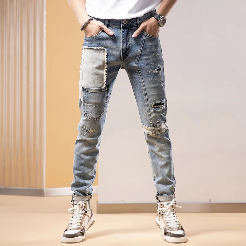 

High Street Fashion Men Jeans Retro Washed Blue Stretch Slim Fit Ripped Jeans Men Patched Designer Hip Hop Denim Pants Hombre