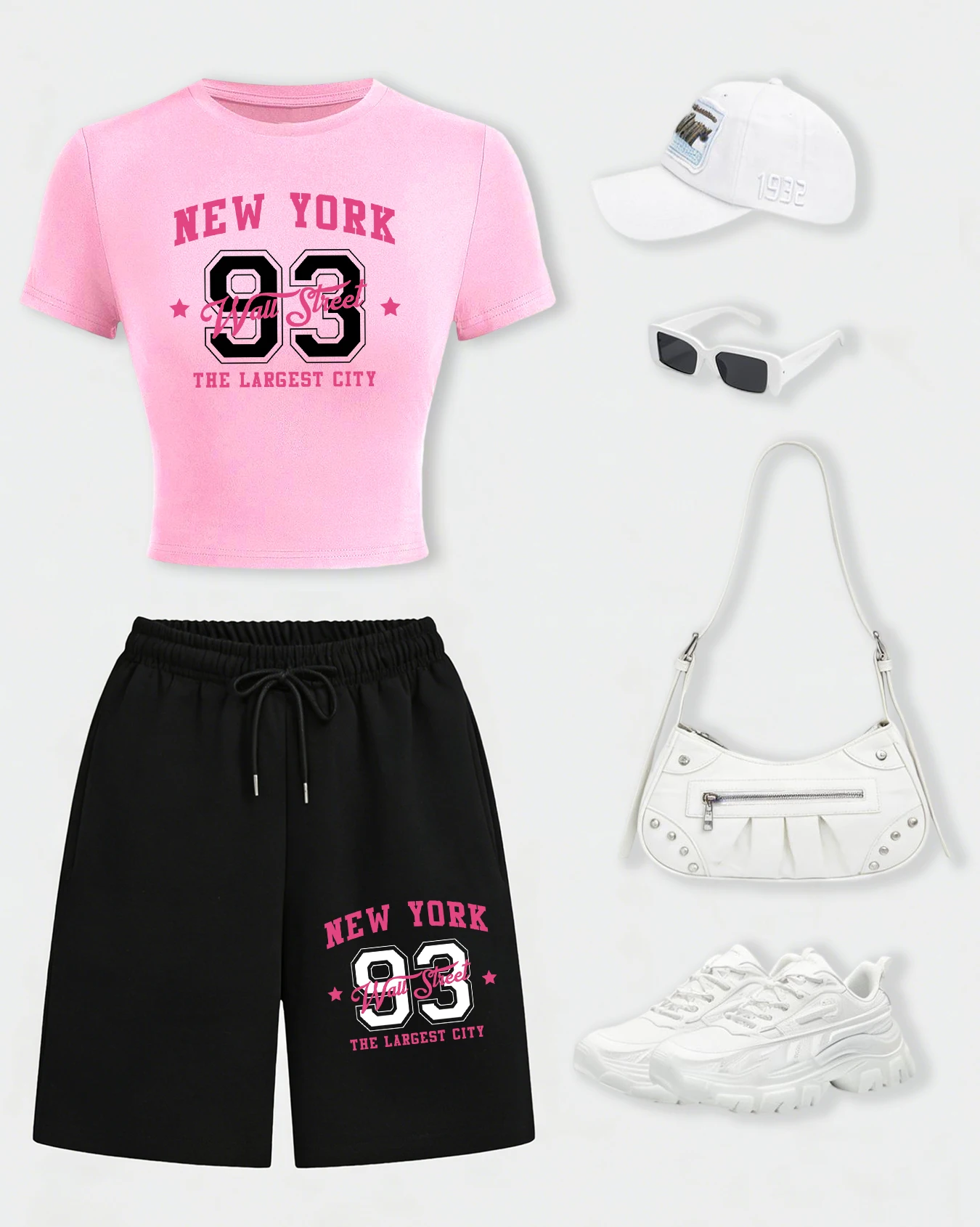 

New York 93 The Largest City Print Women T-Shirt Set Cotton Crop T Shirts Wide-Leg Drawstring Black Pant Summer Streetwear