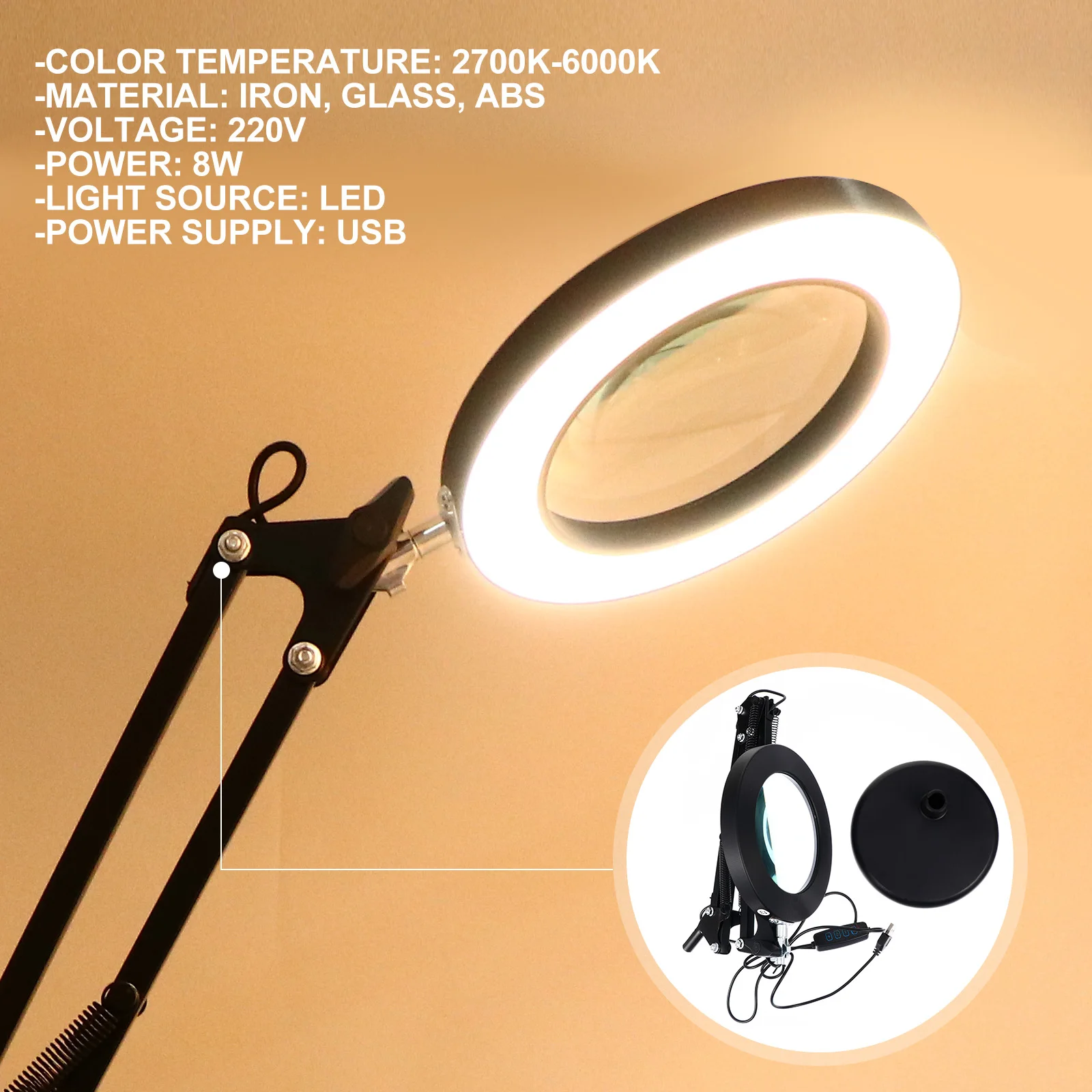 

1 Set Compact LED Magnifier Light Desk 5X Magnifying Lamp with Shadow-Free Illumination