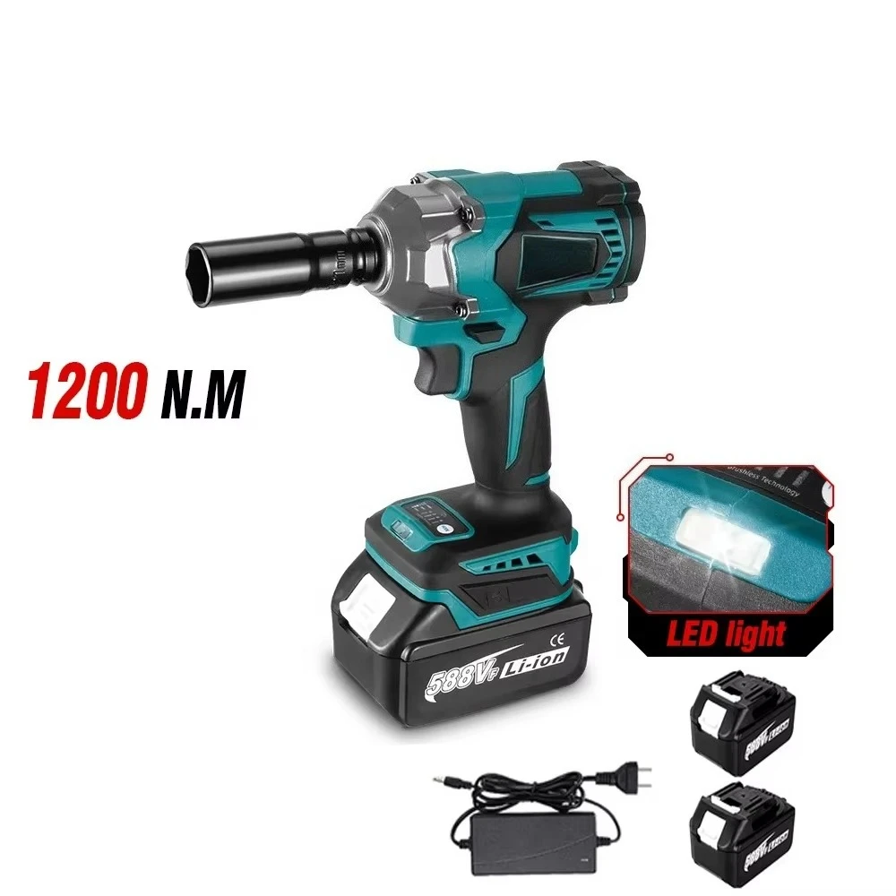 1200N.M Torque Brushless Electric Impact Wrench 1/2 Inch Screwdriver Socket LED Light Power Tools For 18V Battery