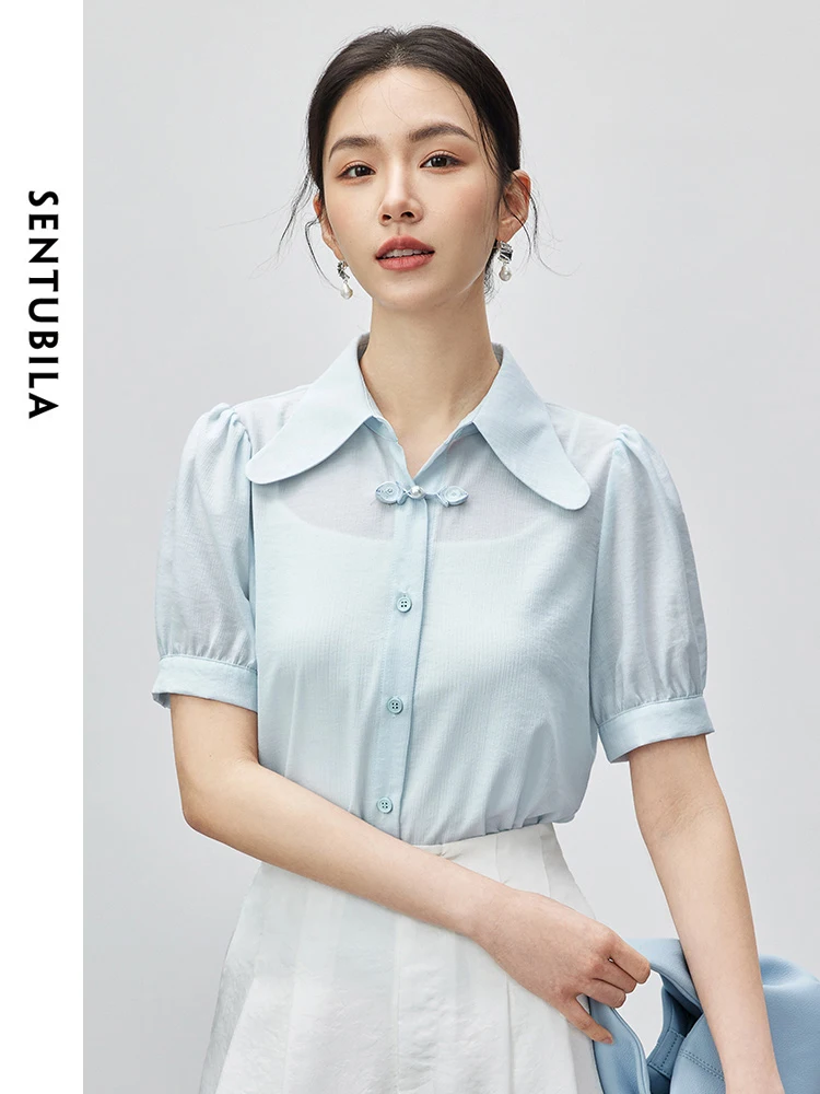 SENTUBILA Blue Short Sleeve Shirt Women Polyester Blend 2025 New Summer Office Casual Wear Turn-Down Collar Blouse W42C54869