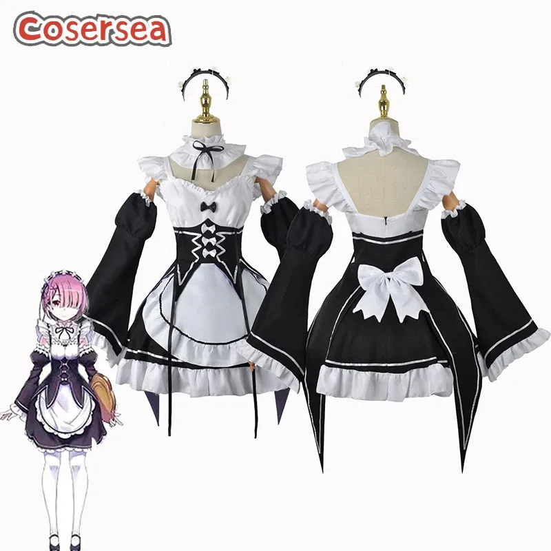 

Cosersea Ram Rem Cosplay Costume Re:Zero − Starting Life in Another World Ram Rem Halloween Women Dress Uniform Outfit Fullset