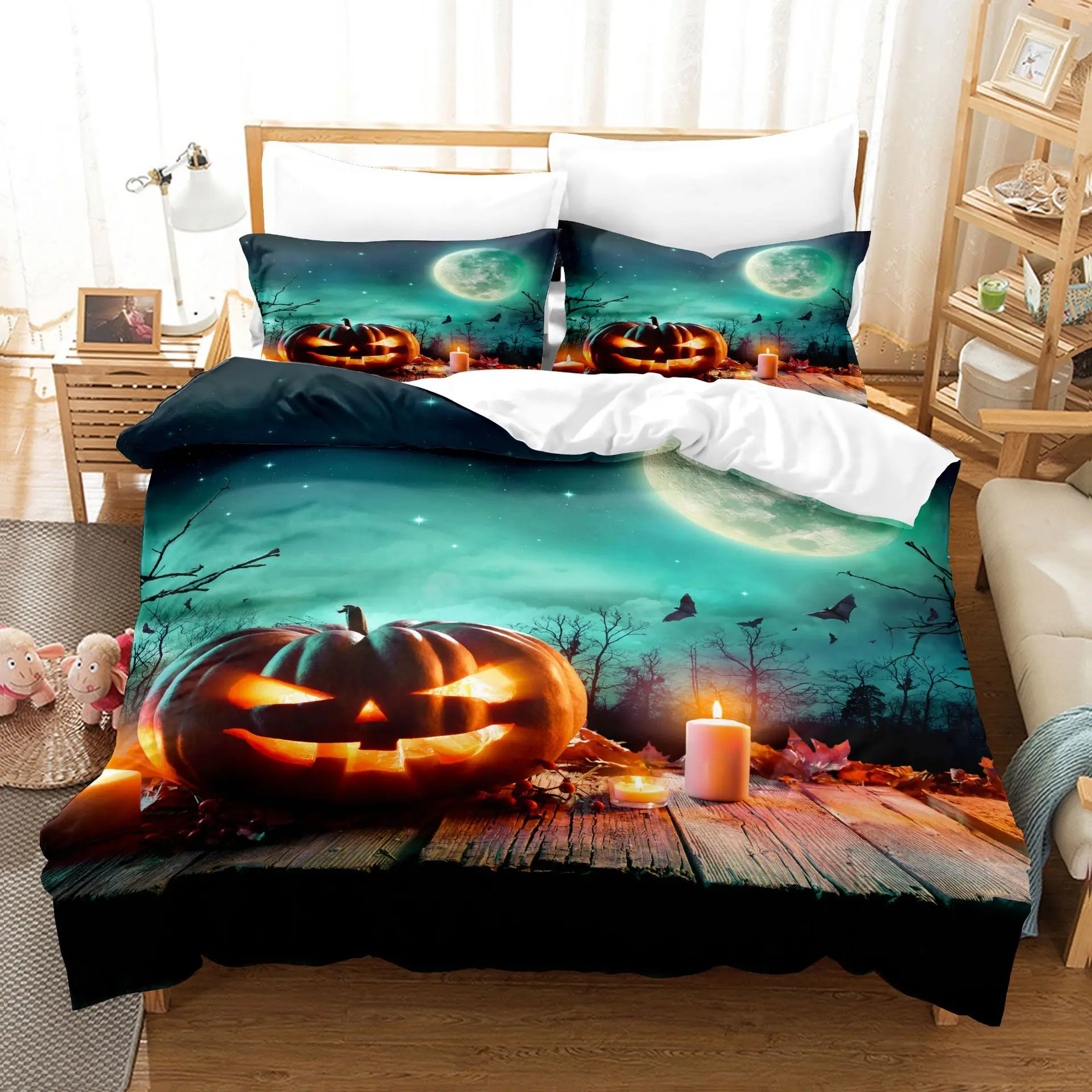 Halloween Themed Home Bedding Set With Pumpkin Head Pattern Duvet cover And Pillowcase Comfortable Three Piece Set Full Size