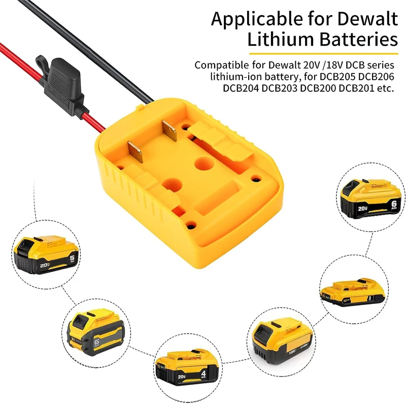 Adattatore per ruote di alimentazione per batteria al litio Dewalt 18V 20V con fusibile interruttore connettore di alimentazione a filo 12AWG per