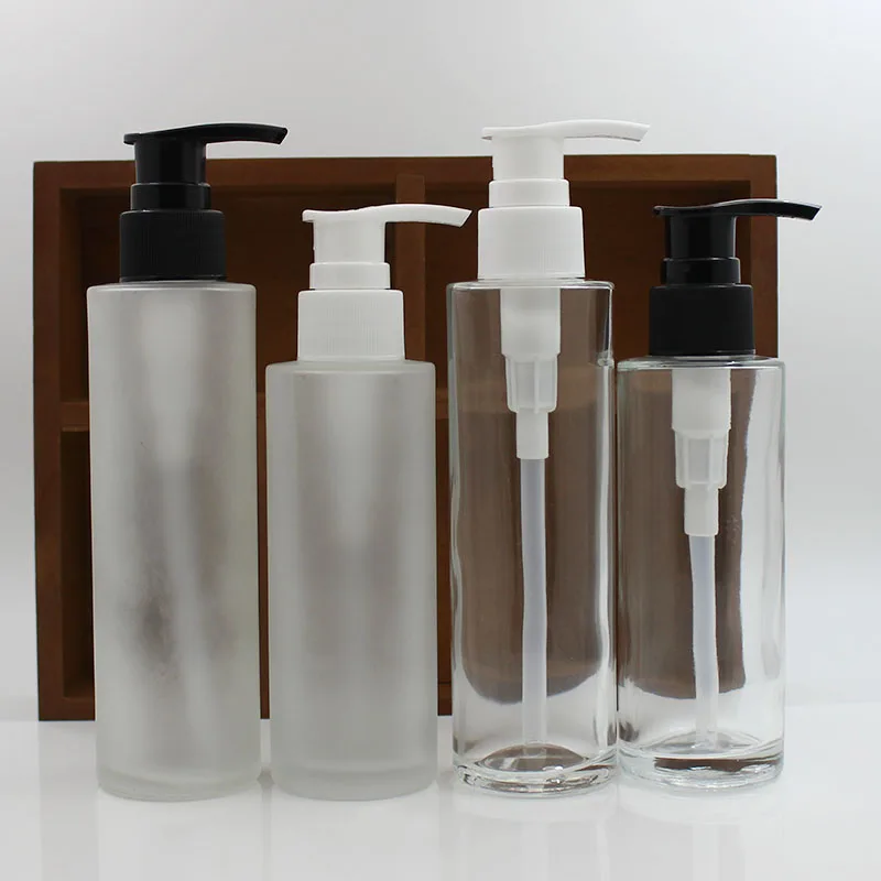 

100ml 120ml 12pcs Empty Glass Bottle With Lotion Cream Pump Clear Glass Container Dispenser Frosted Glass Bottles Lotion Pump