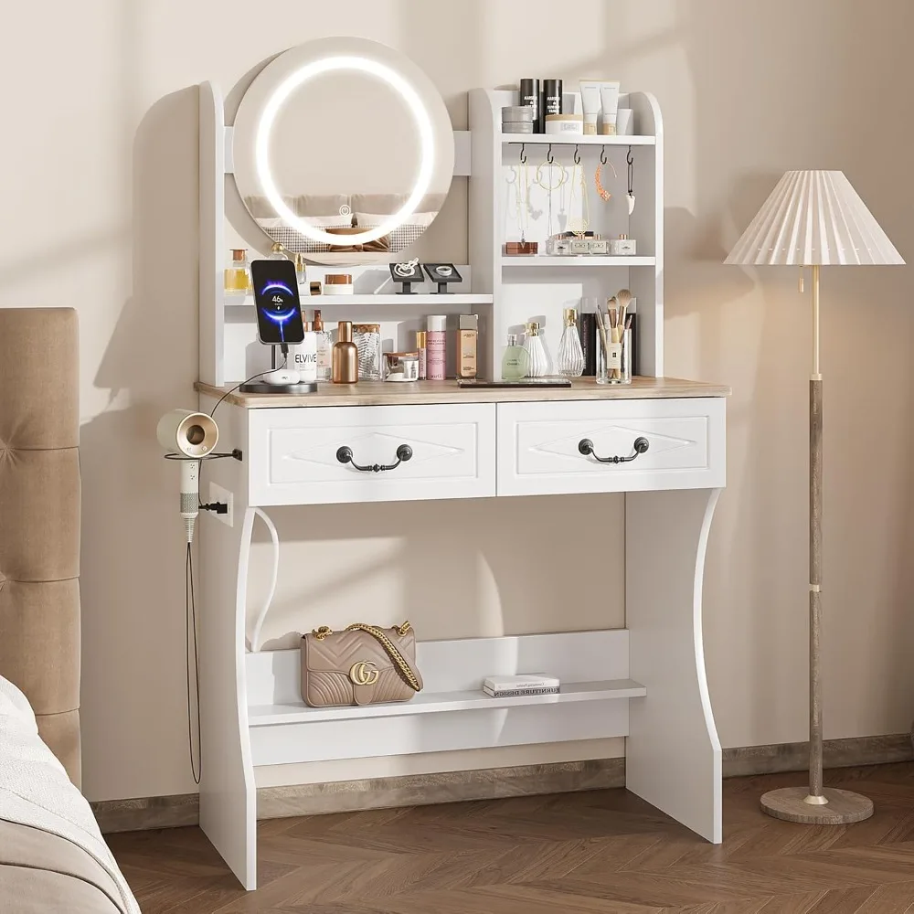 

Vanity Desk with Mirror and Lights, Makeup Vanity Desk with Charging Station, 3 Lighting Modes & Adjustable Brightness