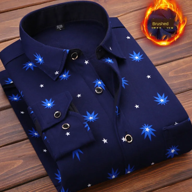 Autumn Winter Thick Velvet Dress Shirt For Men Casual Long Sleeve Warm Fleece Lining Shirts Fashion Soft Flannel Plus Size 5XL