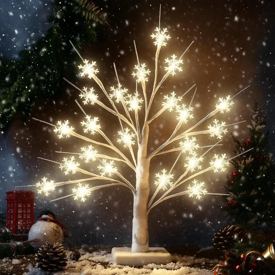 Luz LED de árbol de copo de nieve con 24 luces LED de colores cálidos, función de temporizador, decoración navideña alimentada por batería recargable por USB para interiores