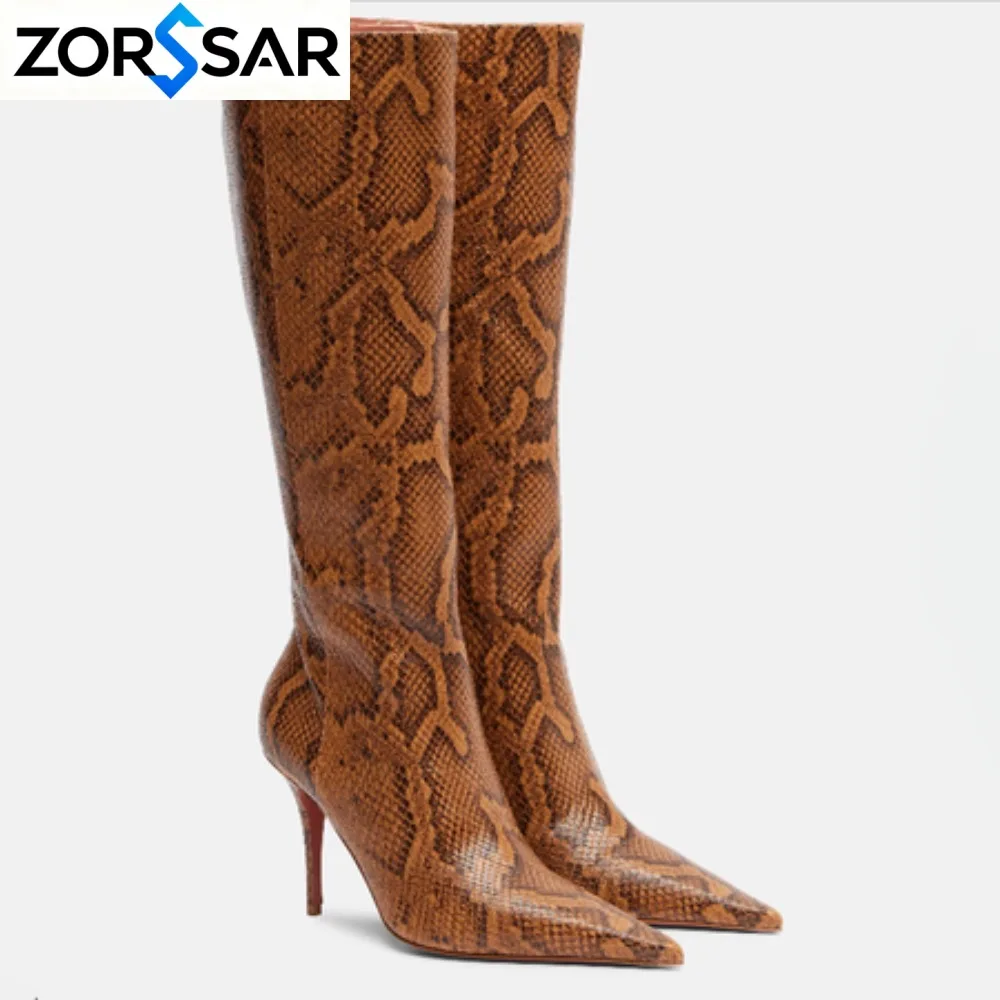 2026 Autumn Winter Snake Pattern Pointed Toe Zipper Woman Knee-High Boots Sexy Thin High Heels Shoes Punk Style Booties