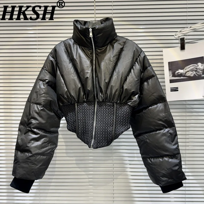 HKSH 2025 Winter New Women's Short Down Coat Stand Collar Zipper Patchwork Waist Cinching Dark Trend Warm Puffer Jackets HK15392