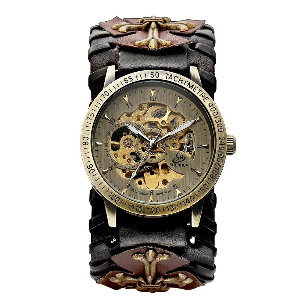 

Antique Bullet Skeleton Men Automatic Mechanical Watch Gothic Clock Steampunk Self Winding Watches Brown Vintage Hombre 2023