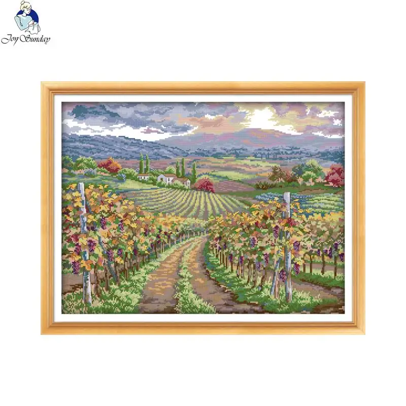 Joy Sunday Vineyard Landscape Print Cross Stitch Kit DIY Hand Embroidery Kit 14CT 11CT Count Canvas Fabric Sewing Set Home Decor